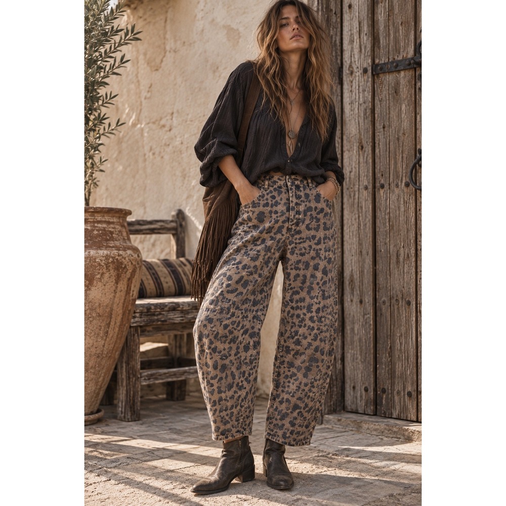 Free People We The Free Good Luck Barrel Jeans Leopard Print 32 OB2008953
